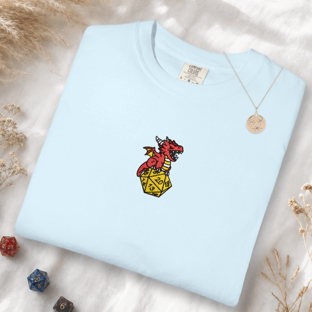 Printify T-Shirt Chambray / S Dragon Dice Embroidery T-shirt - Comfort Colors