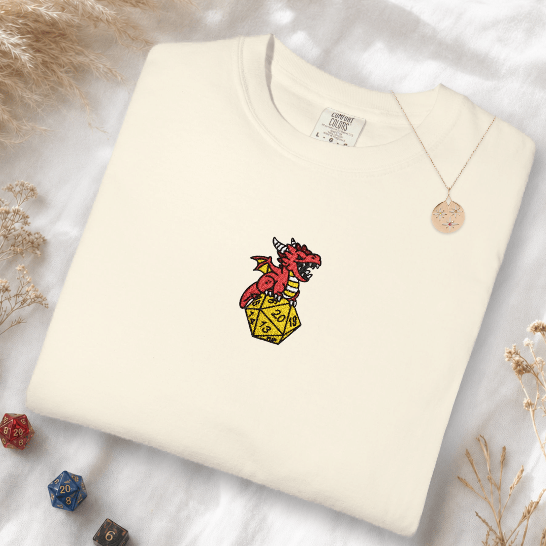 Printify T-Shirt Ivory / S Dragon Dice Embroidery T-shirt - Comfort Colors