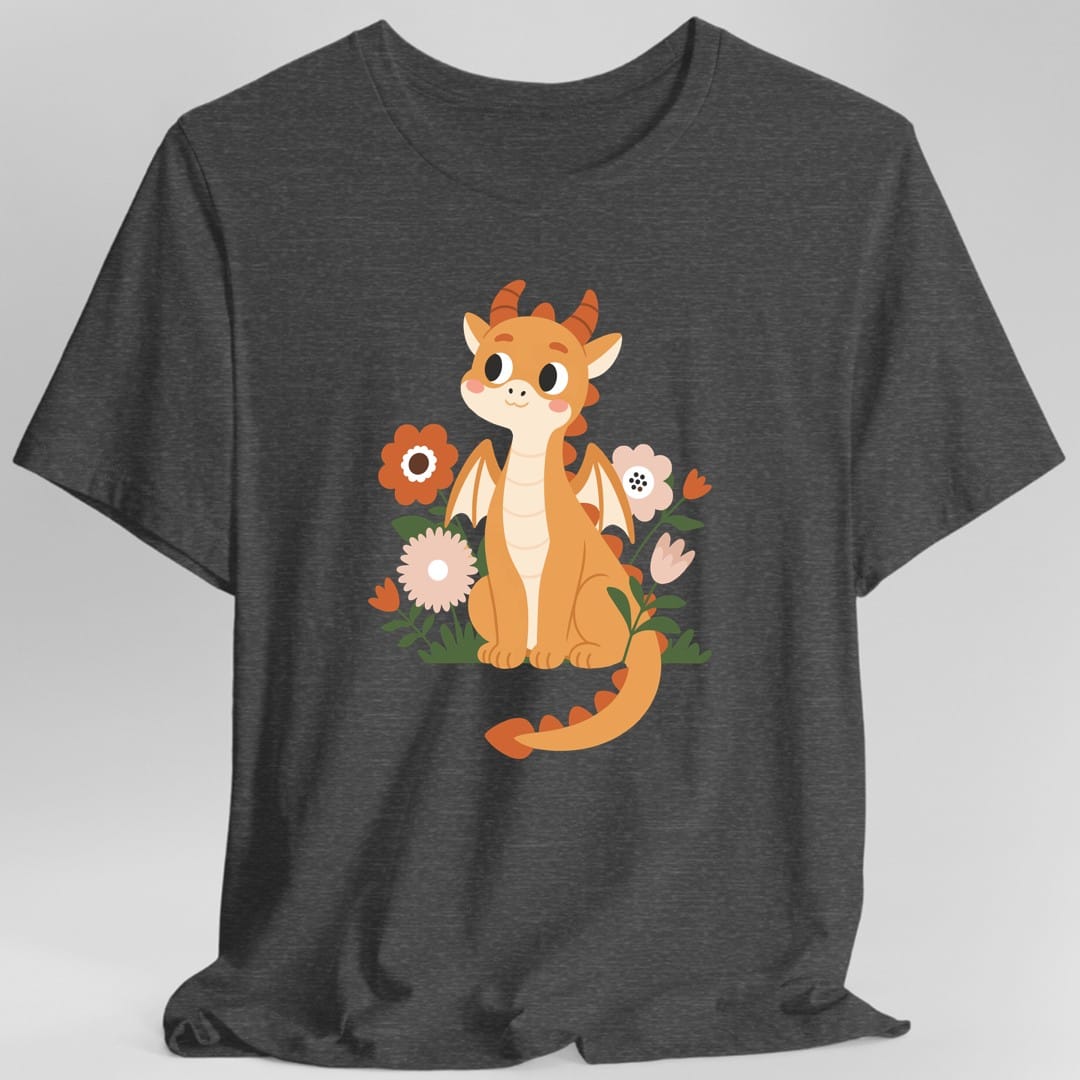 The same Baby dragon in flowers design, on a dark heather t-shirt.