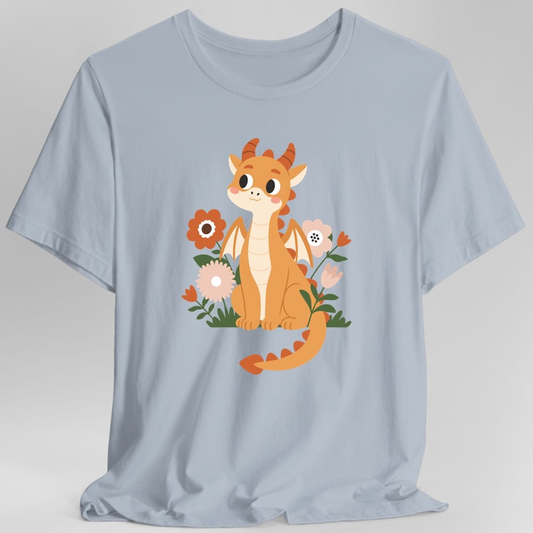 The same Baby dragon in flowers design, on a light blue t-shirt.