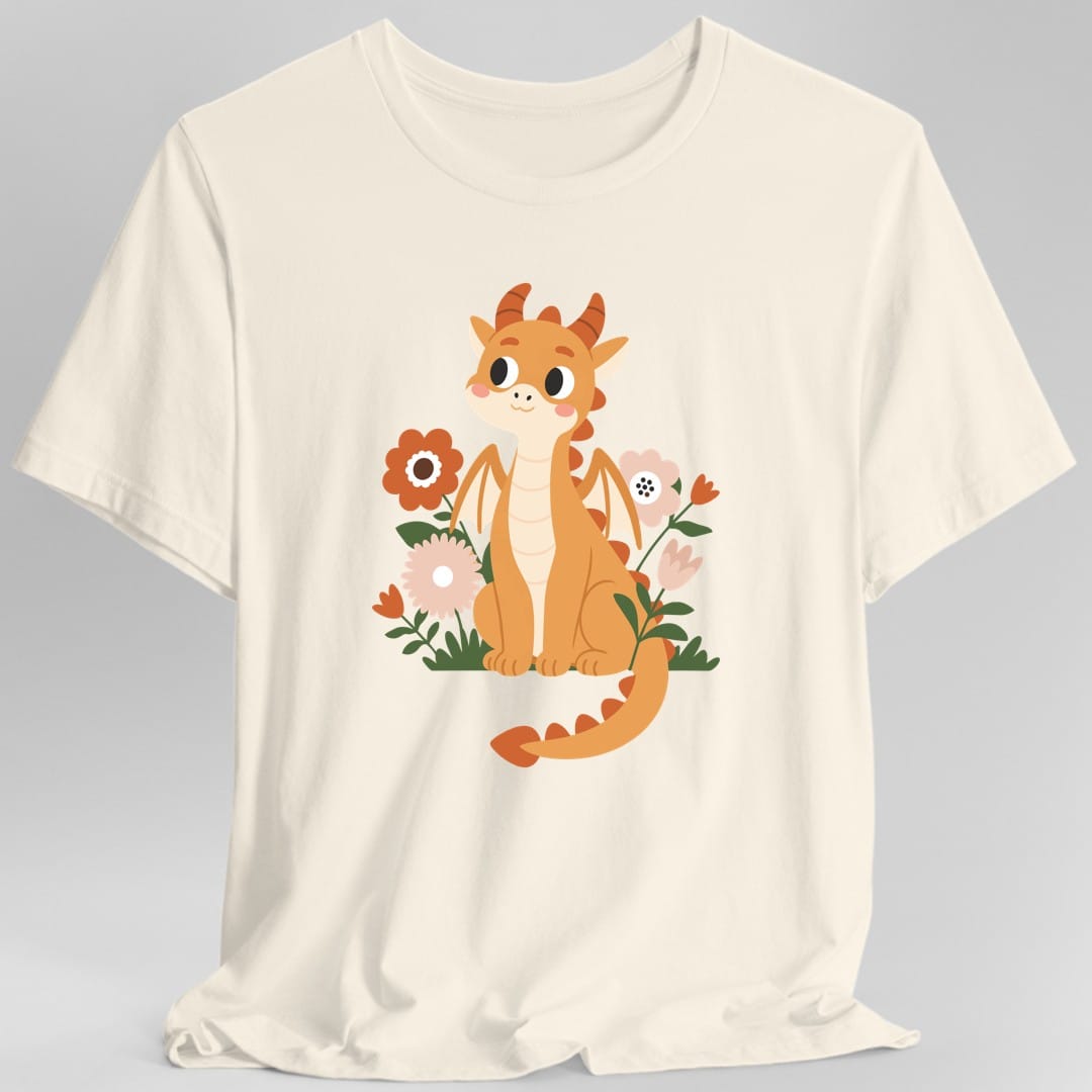 The same Baby dragon in flowers design, on a natural t-shirt.