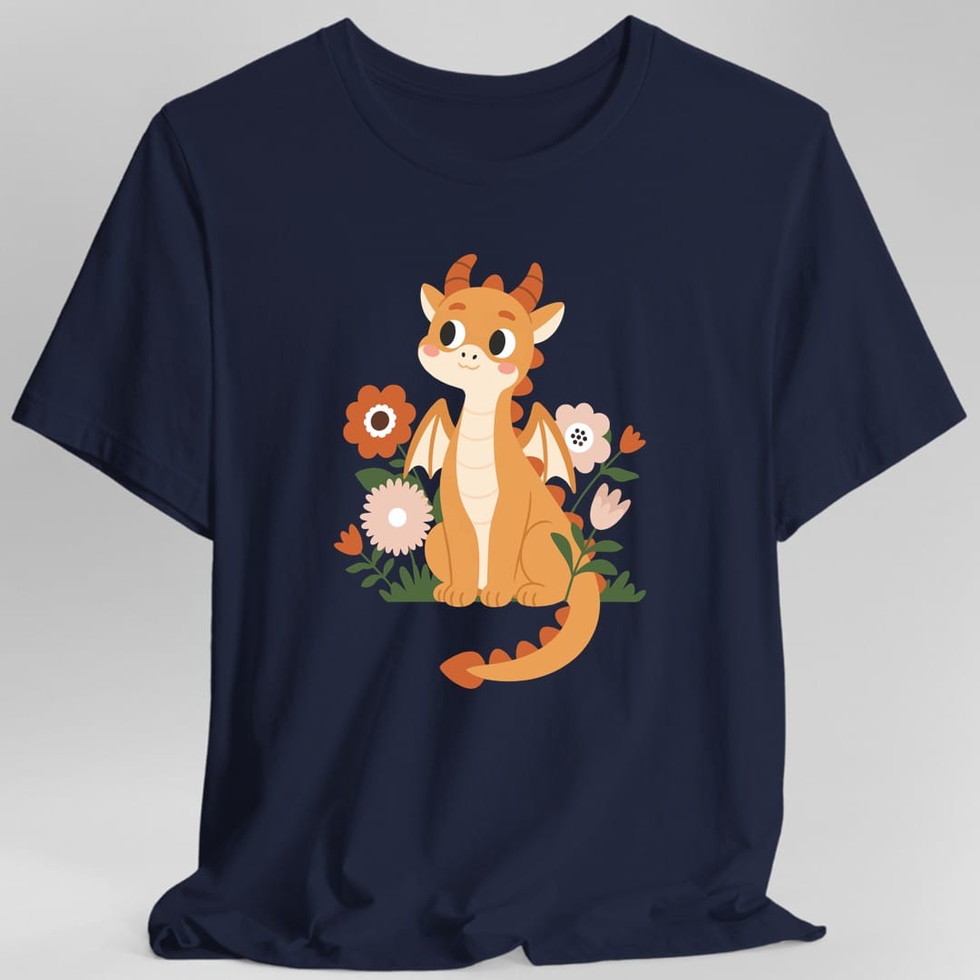 The same Baby dragon in flowers design, on a navy t-shirt.