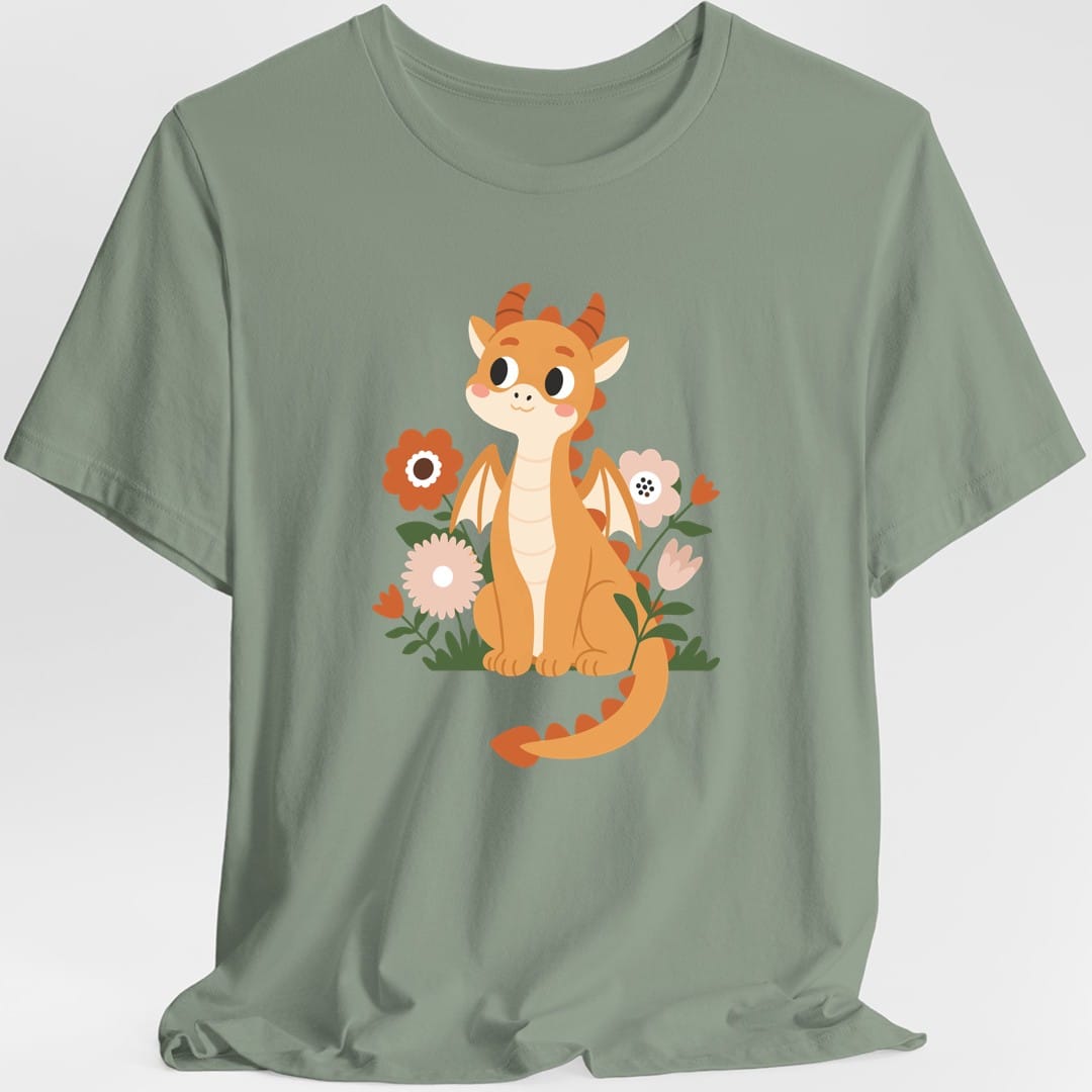 The same Baby dragon in flowers design, on a sage t-shirt.
