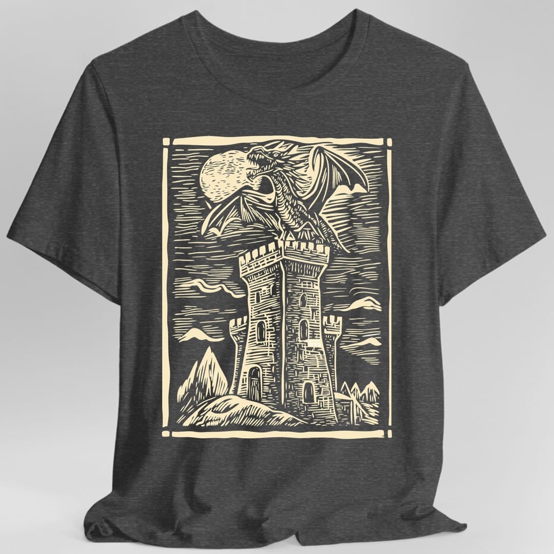 The same Dragon Medieval Woodcut cream design, on a dark heather t-shirt.