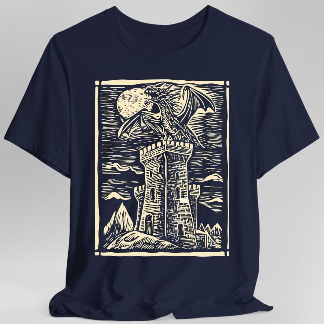 The same Dragon Medieval Woodcut cream design, on a navy t-shirt.
