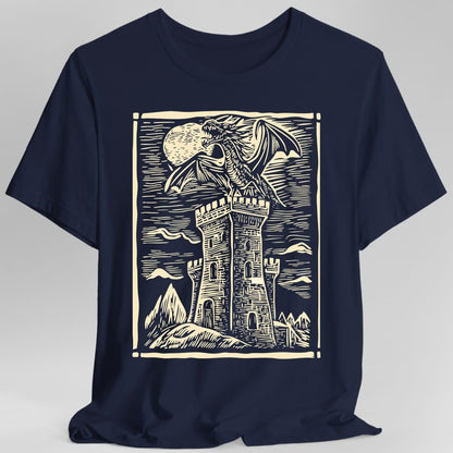 The same Dragon Medieval Woodcut cream design, on a navy t-shirt.