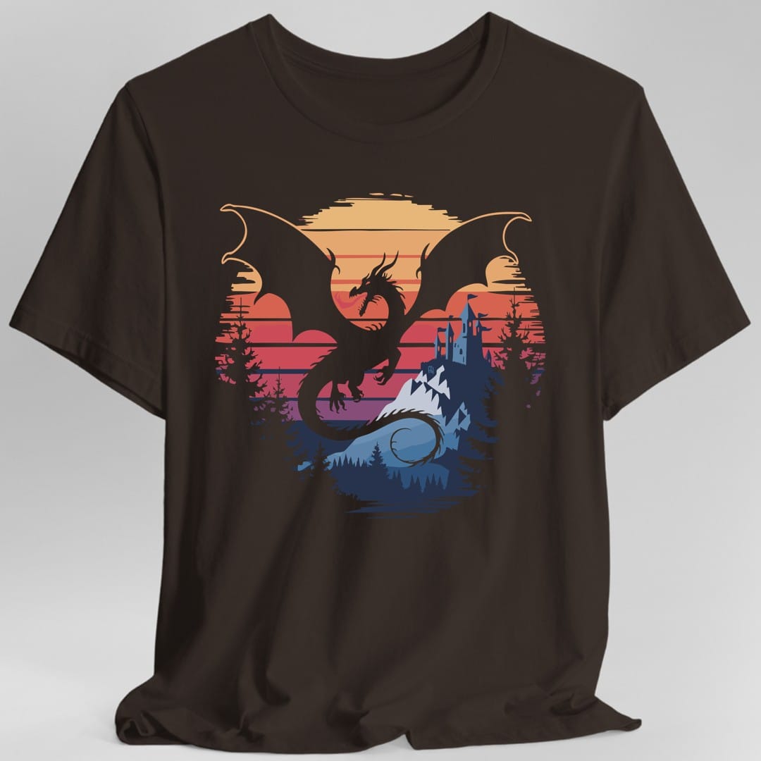 Printify T-Shirt Dark Chocolate / S Dragon T-shirt - Fantasy Landscape