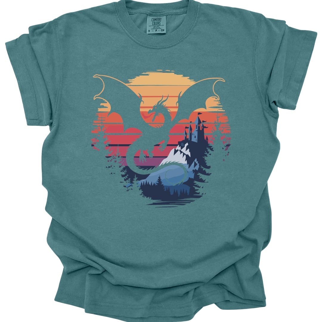 The same Dragon fantasy landscape design, on a blue spruce t-shirt.