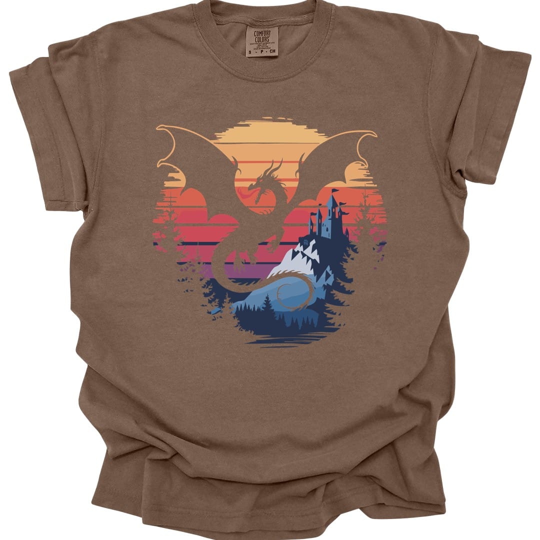 The same Dragon fantasy landscape design, on an espresso t-shirt.
