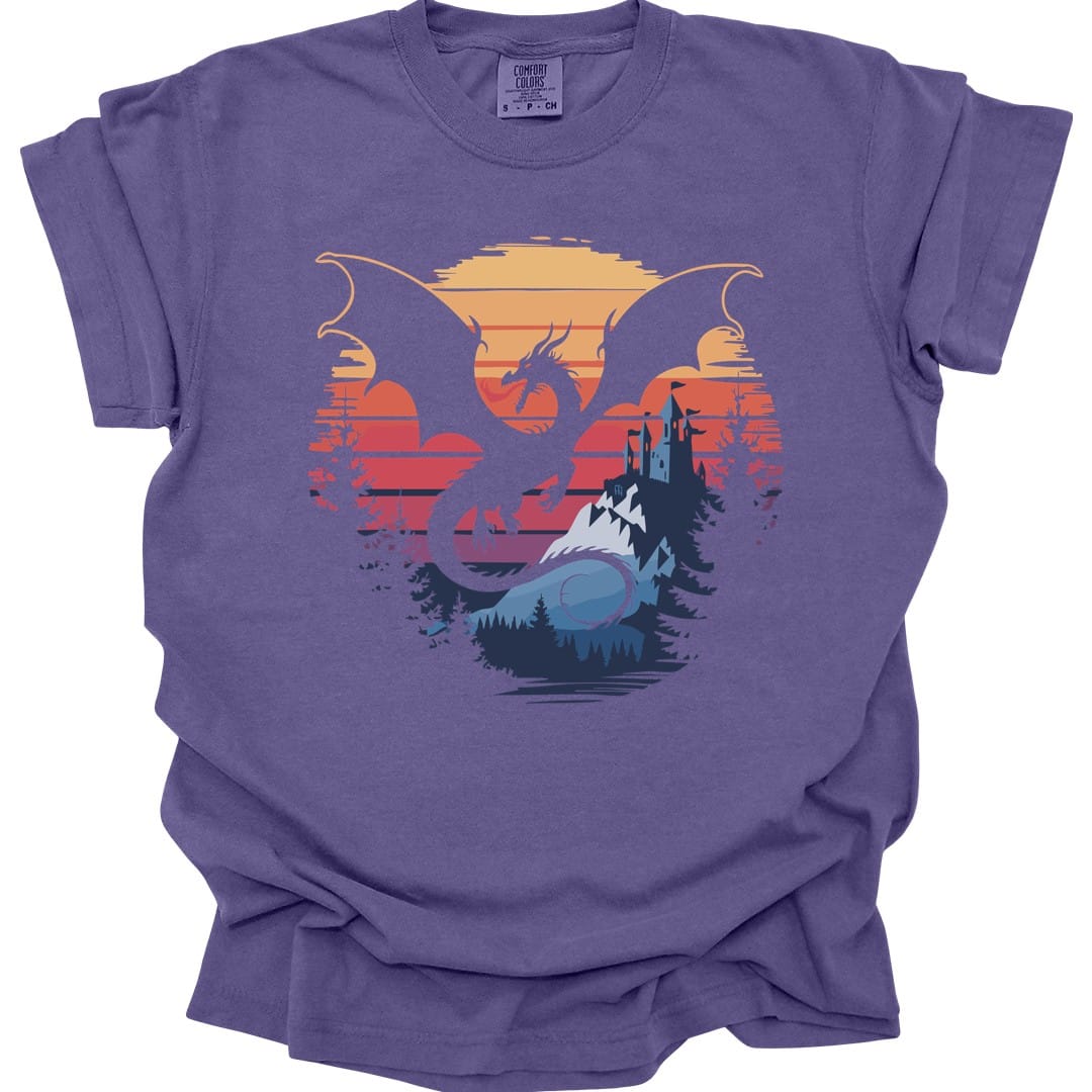 The same Dragon fantasy landscape design, on a grape t-shirt.