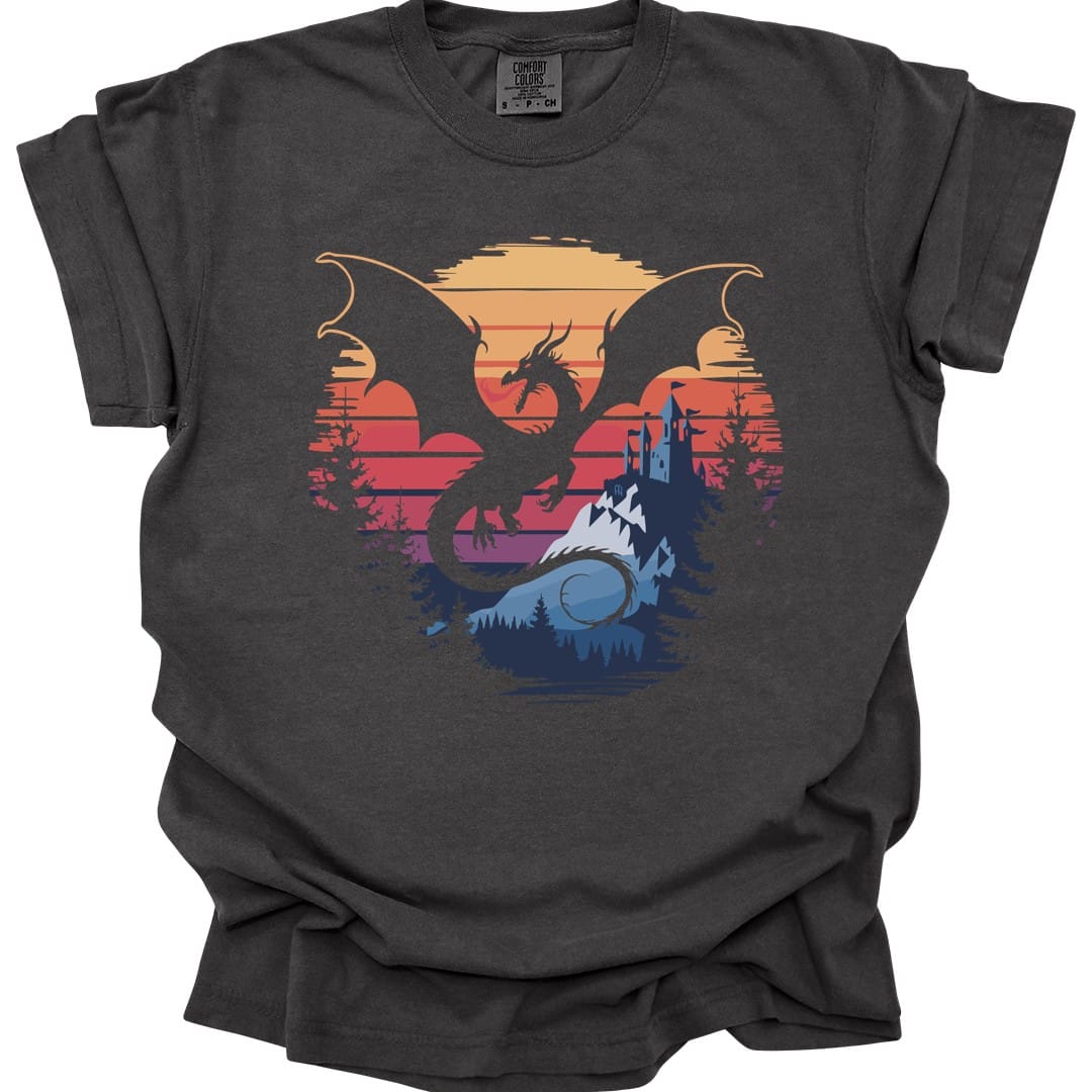 The same Dragon fantasy landscape design, on a pepper t-shirt.