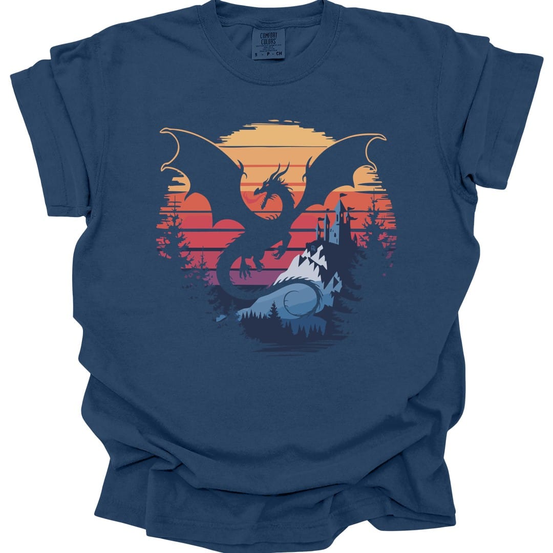 The same Dragon fantasy landscape design, on a true navy t-shirt.