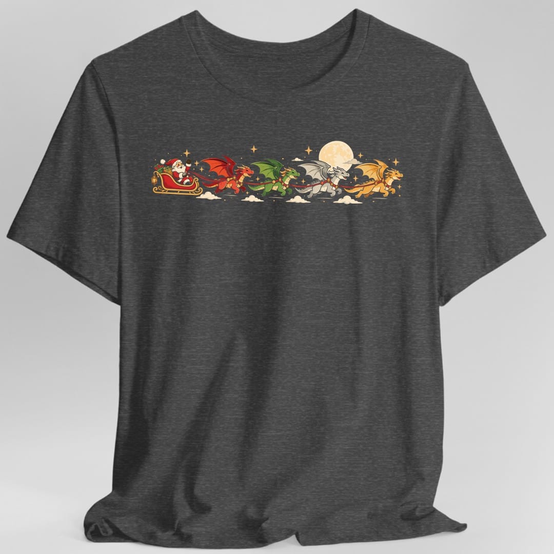 The same Santa's dragon sleigh design, on a dark heather t-shirt.
