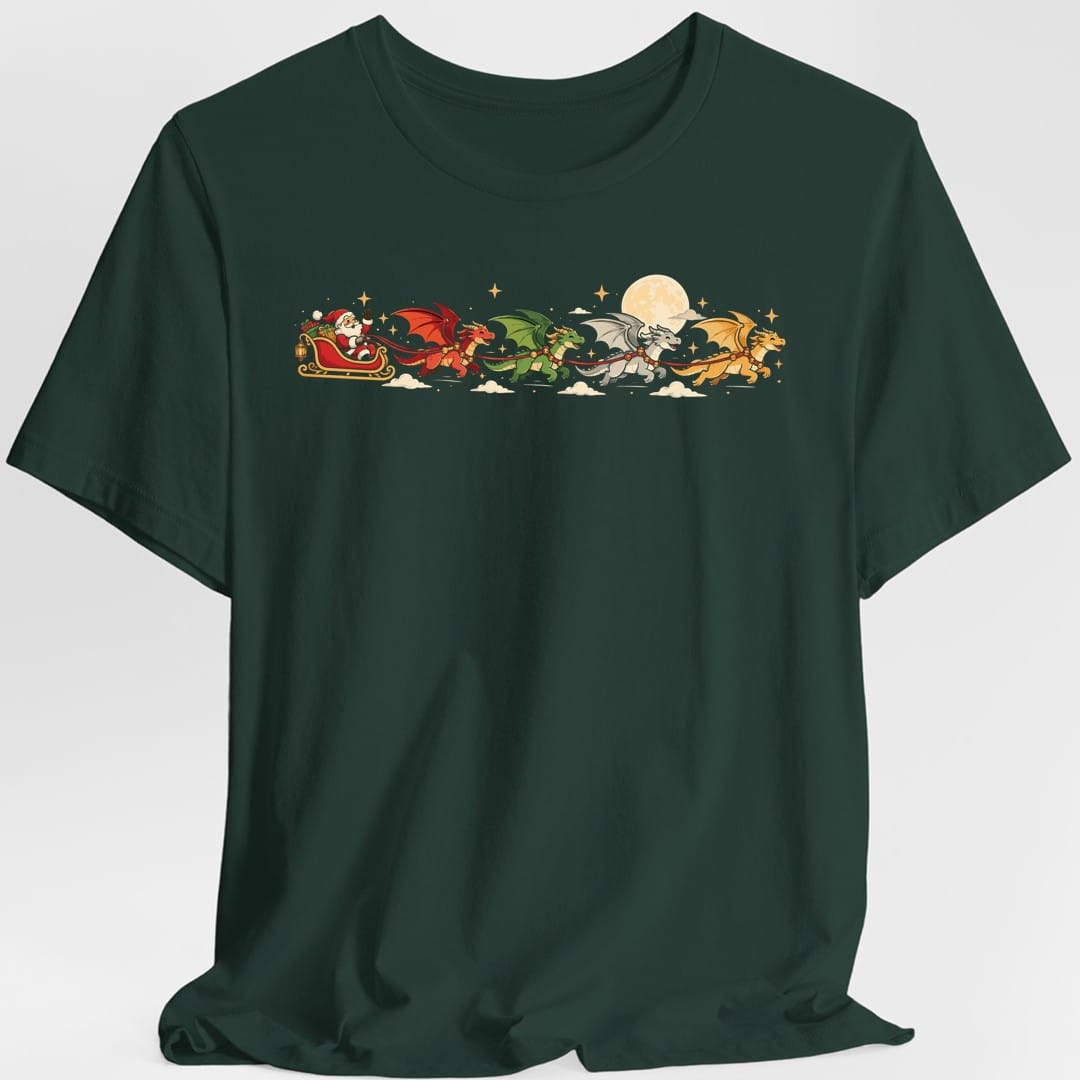 The same Santa's dragon sleigh design, on a forest green t-shirt.