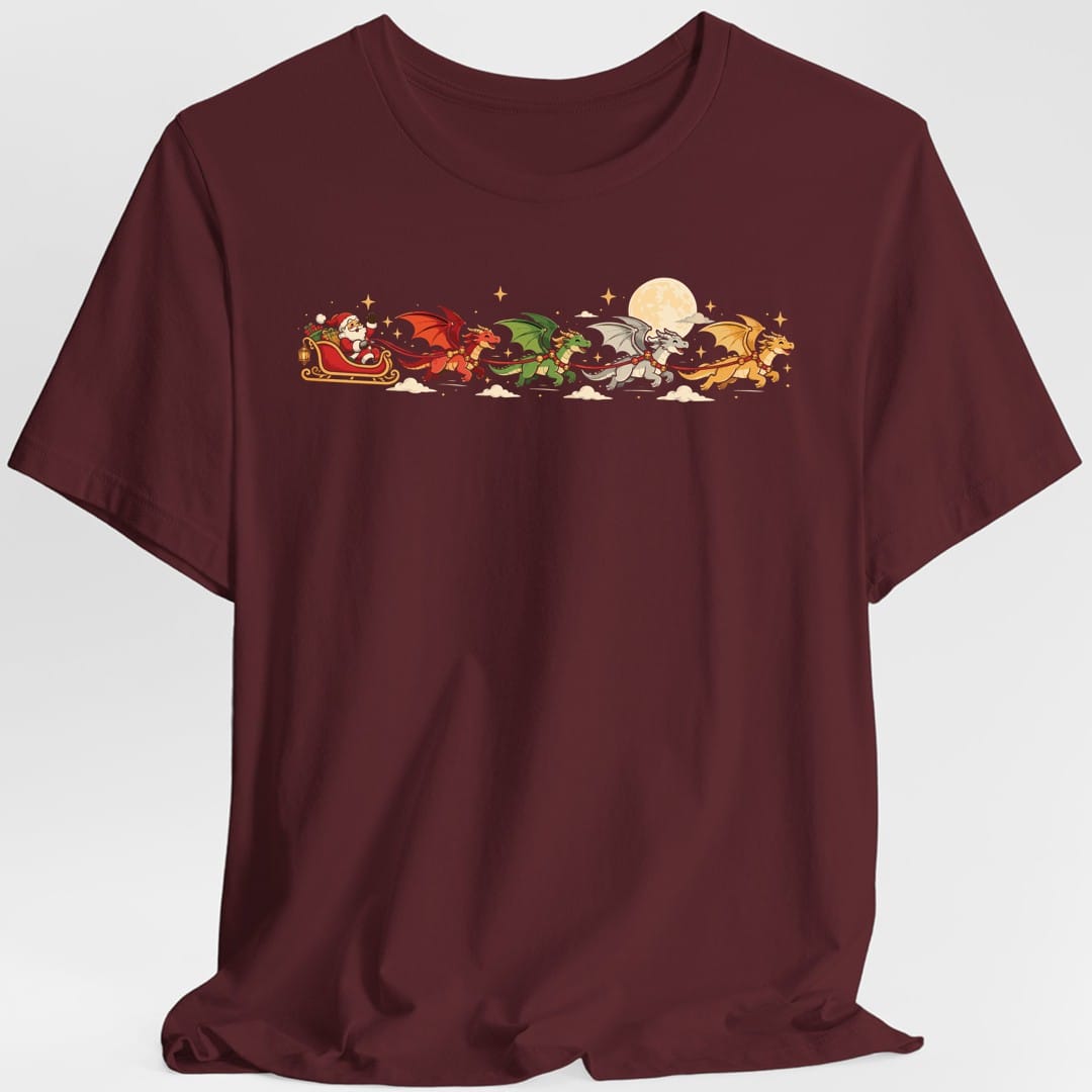 The same Santa's dragon sleigh design, on a maroon t-shirt.