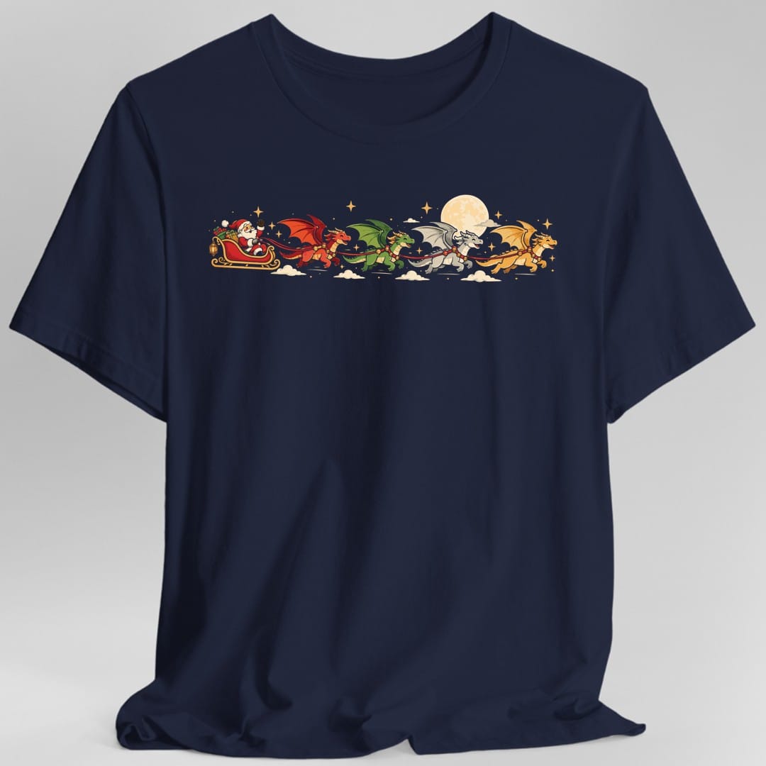 The same Santa's dragon sleigh design, on a navy t-shirt.