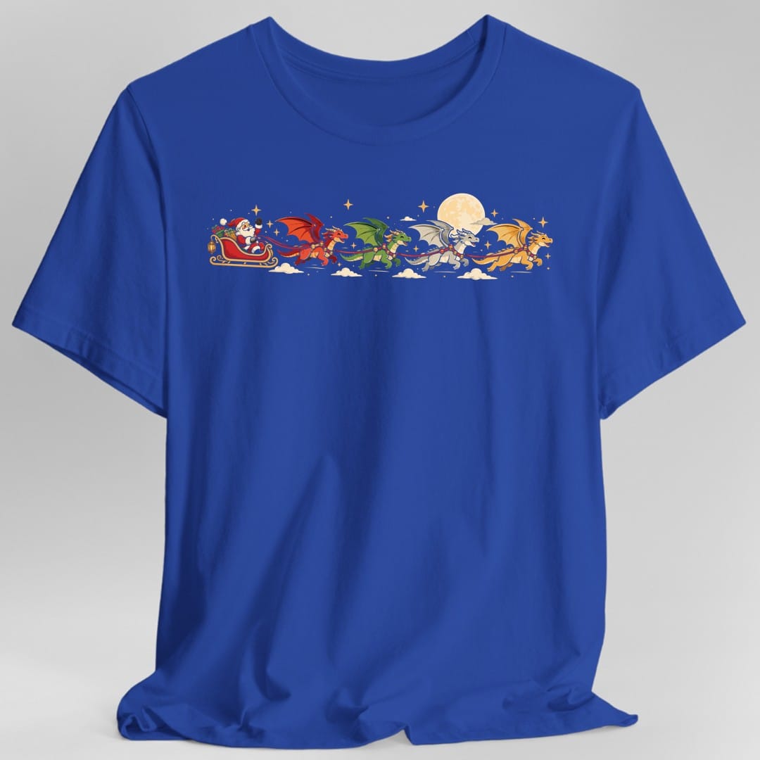 The same Santa's dragon sleigh design, on a royal t-shirt.