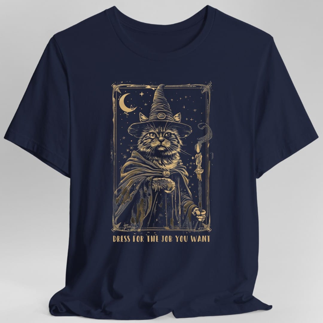 The same Dress For the Job You Want wizard cat design, on a navy t-shirt.