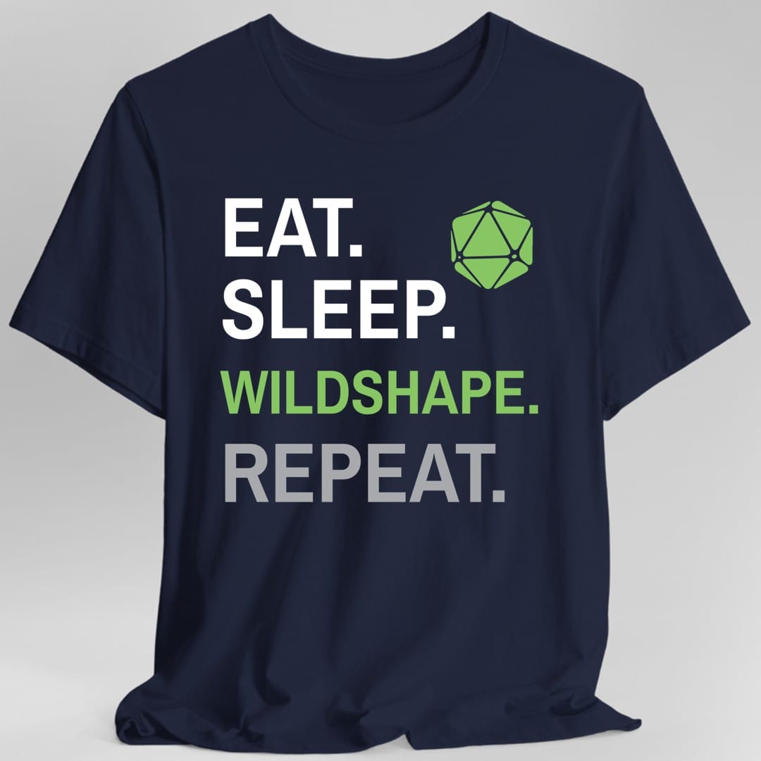 The same Druid Eat Sleep Wildshape design, on a navy t-shirt.
