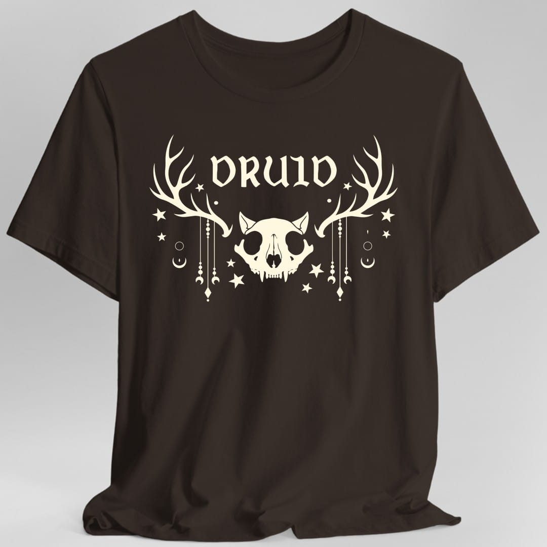 The same Druid skull design, on a dark chocolate t-shirt.