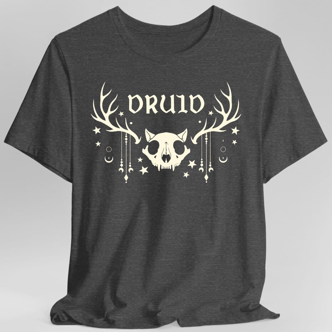 The same Druid skull design, on a dark heather t-shirt.