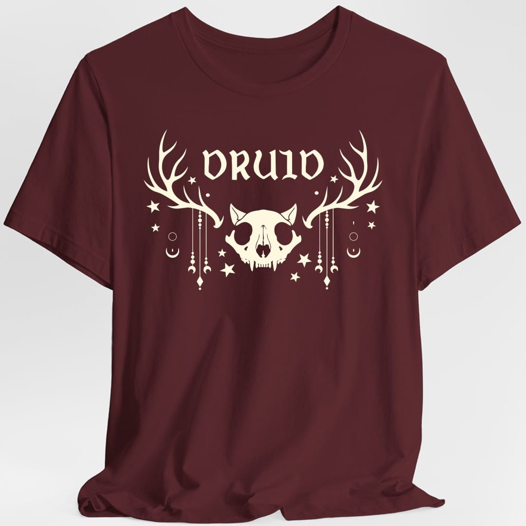 The same Druid skull design, on a maroon t-shirt.