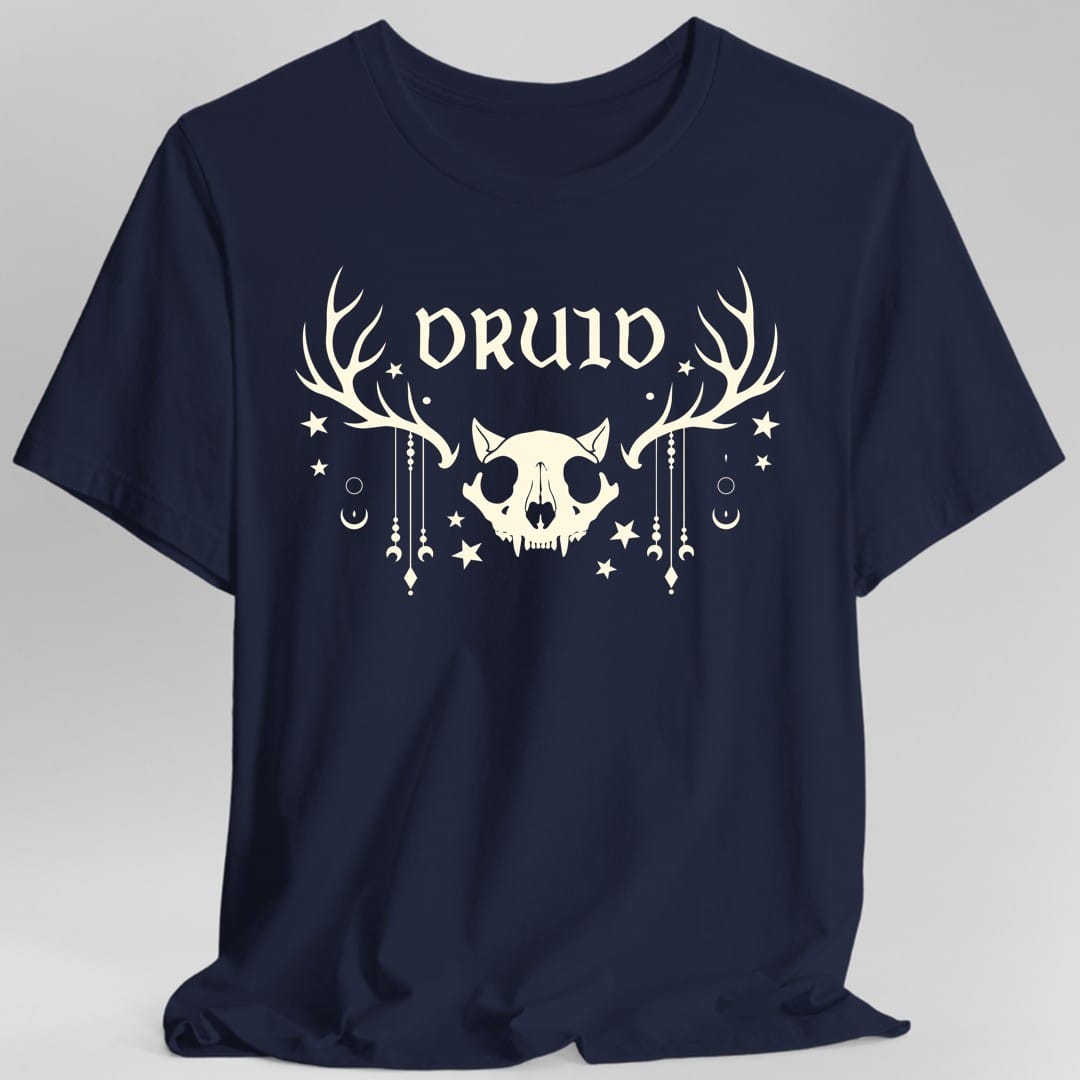 The same Druid skull design, on a navy t-shirt.