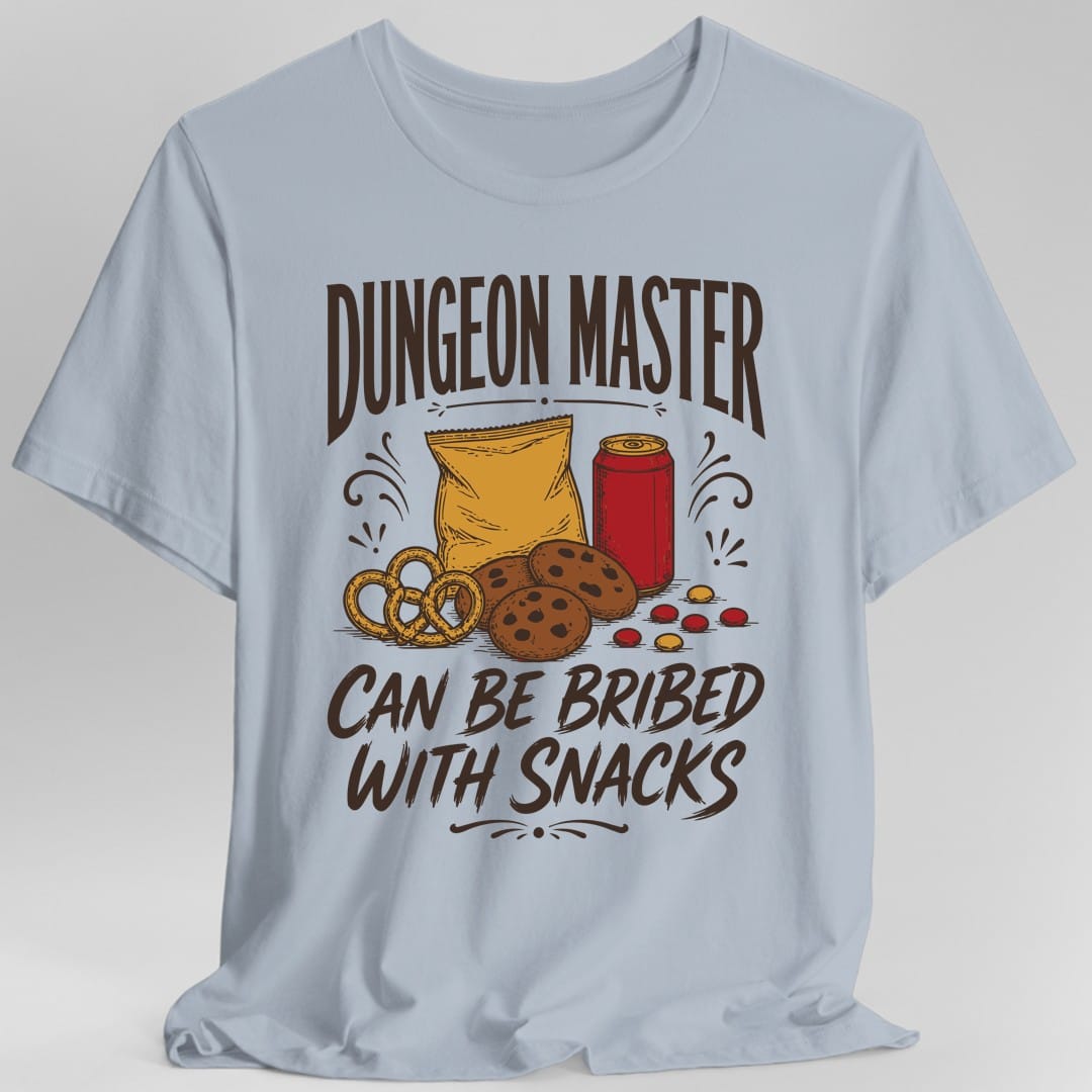 The same Dungeon Master Can Be Bribed With Snacks design, on a light blue t-shirt.