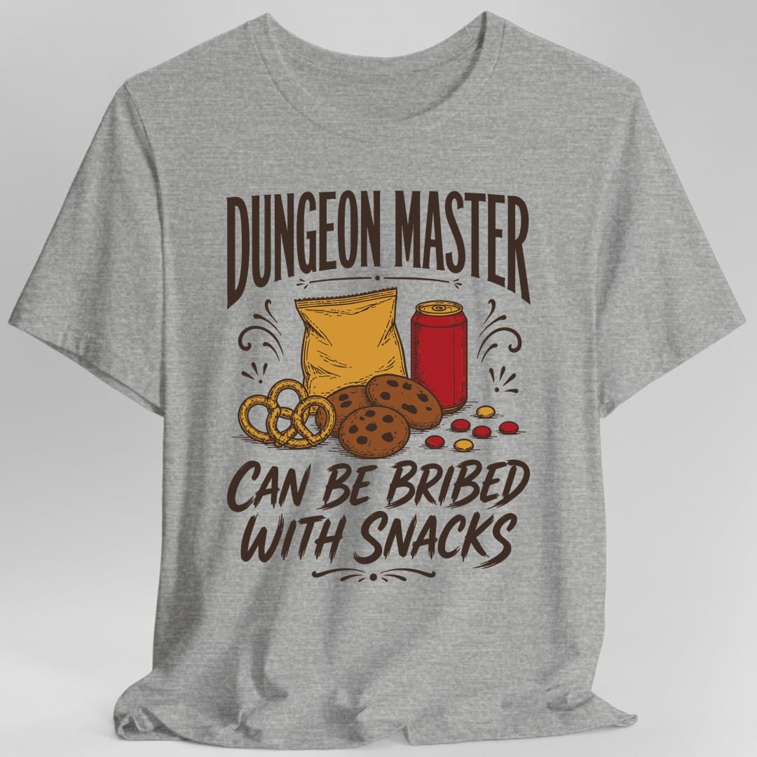 The same Dungeon Master Can Be Bribed With Snacks design, on a sport grey t-shirt.