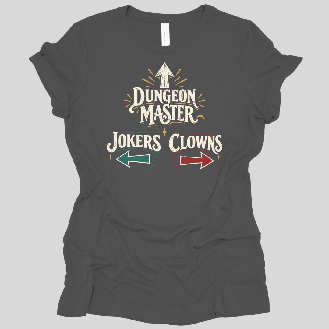 The same Dungeon Master Clowns and Jokers design, on an asphalt women's t-shirt.