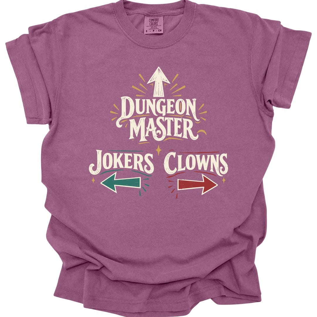 The same Dungeon Master Clowns and Jokers design, on a berry t-shirt.