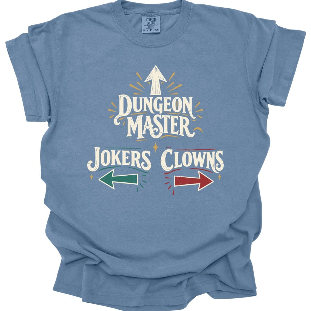 The same Dungeon Master Clowns and Jokers design, on a blue jean t-shirt.