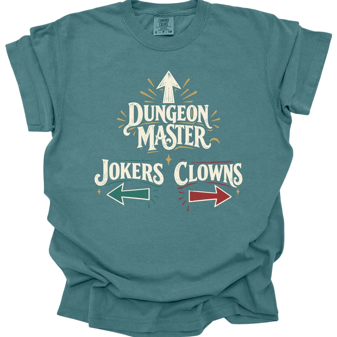 The same Dungeon Master Clowns and Jokers design, on a blue spruce t-shirt.