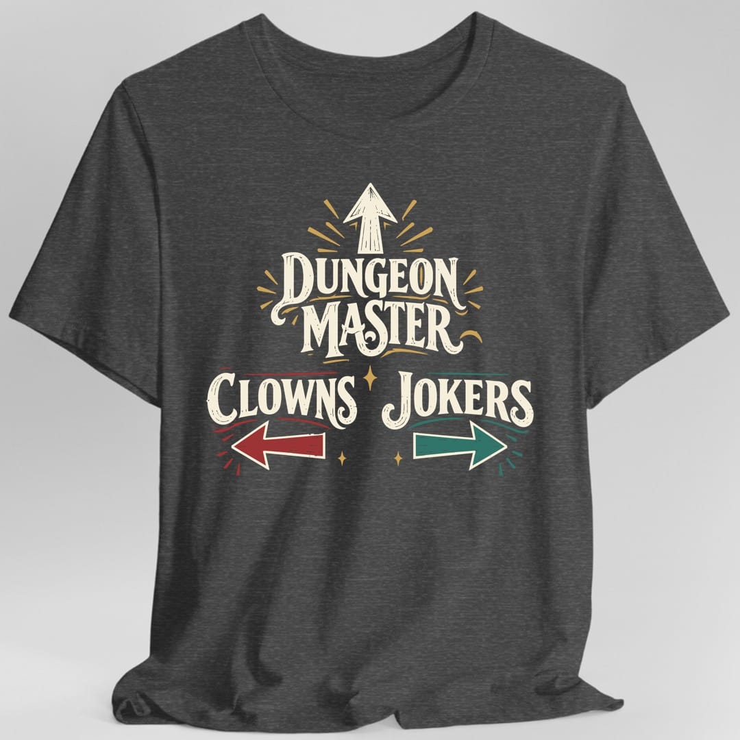 The same Dungeon Master Clowns and Jokers design, on a dark heather t-shirt.