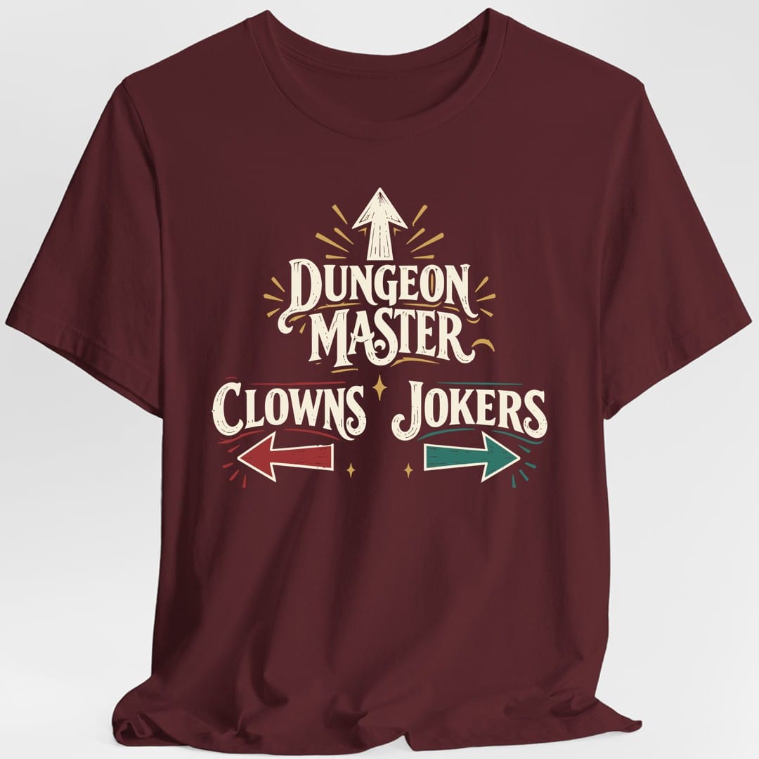 The same Dungeon Master Clowns and Jokers design, on a maroon t-shirt.