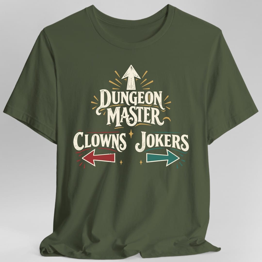 The same Dungeon Master Clowns and Jokers design, on a military green t-shirt.