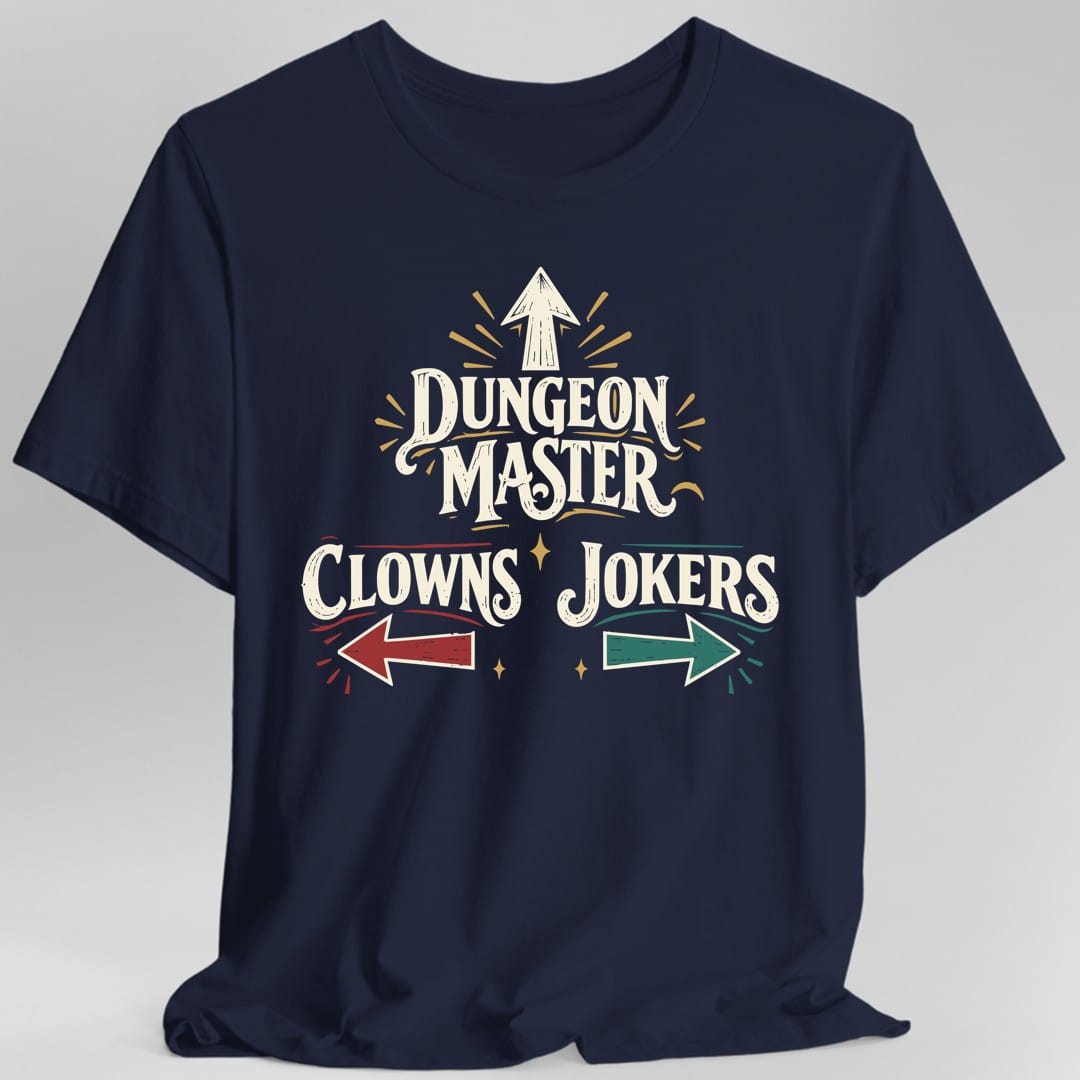 The same Dungeon Master Clowns and Jokers design, on a navy t-shirt.
