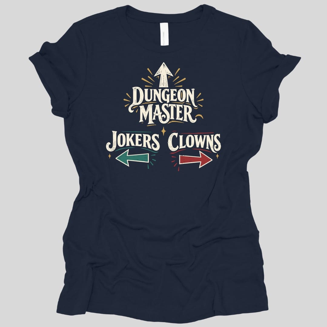 The same Dungeon Master Clowns and Jokers design, on a navy women's t-shirt.