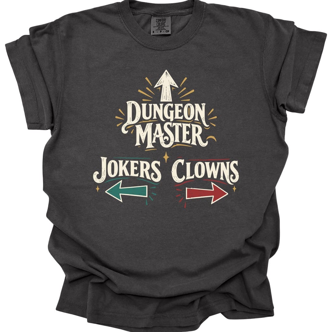 The same Dungeon Master Clowns and Jokers design, on a pepper t-shirt.