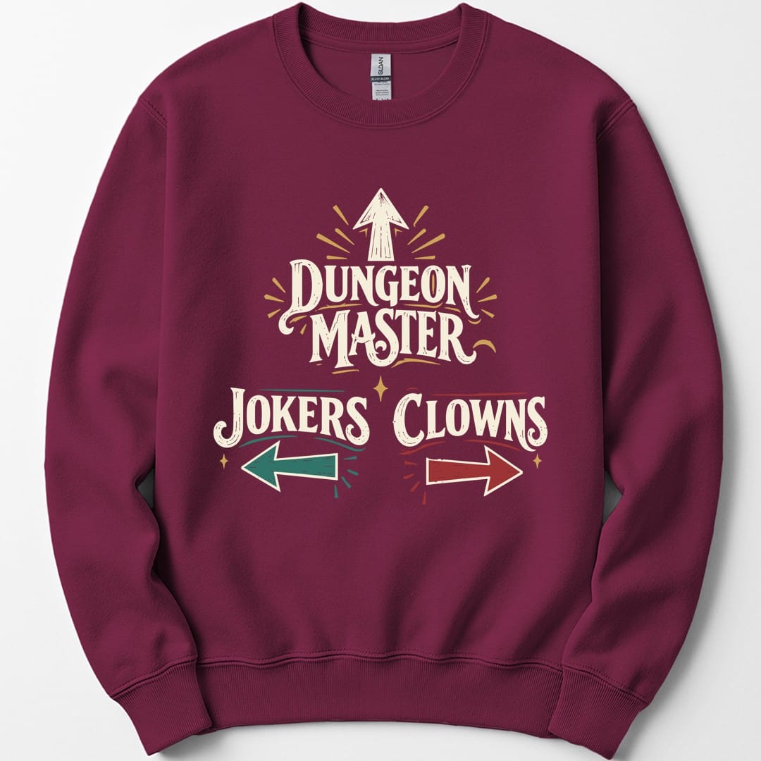 The same Dungeon Master Clowns and Jokers design, on a maroon sweatshirt.