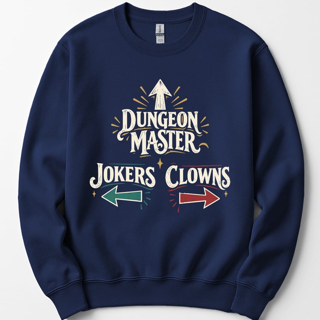 The same Dungeon Master Clowns and Jokers design, on a navy sweatshirt.
