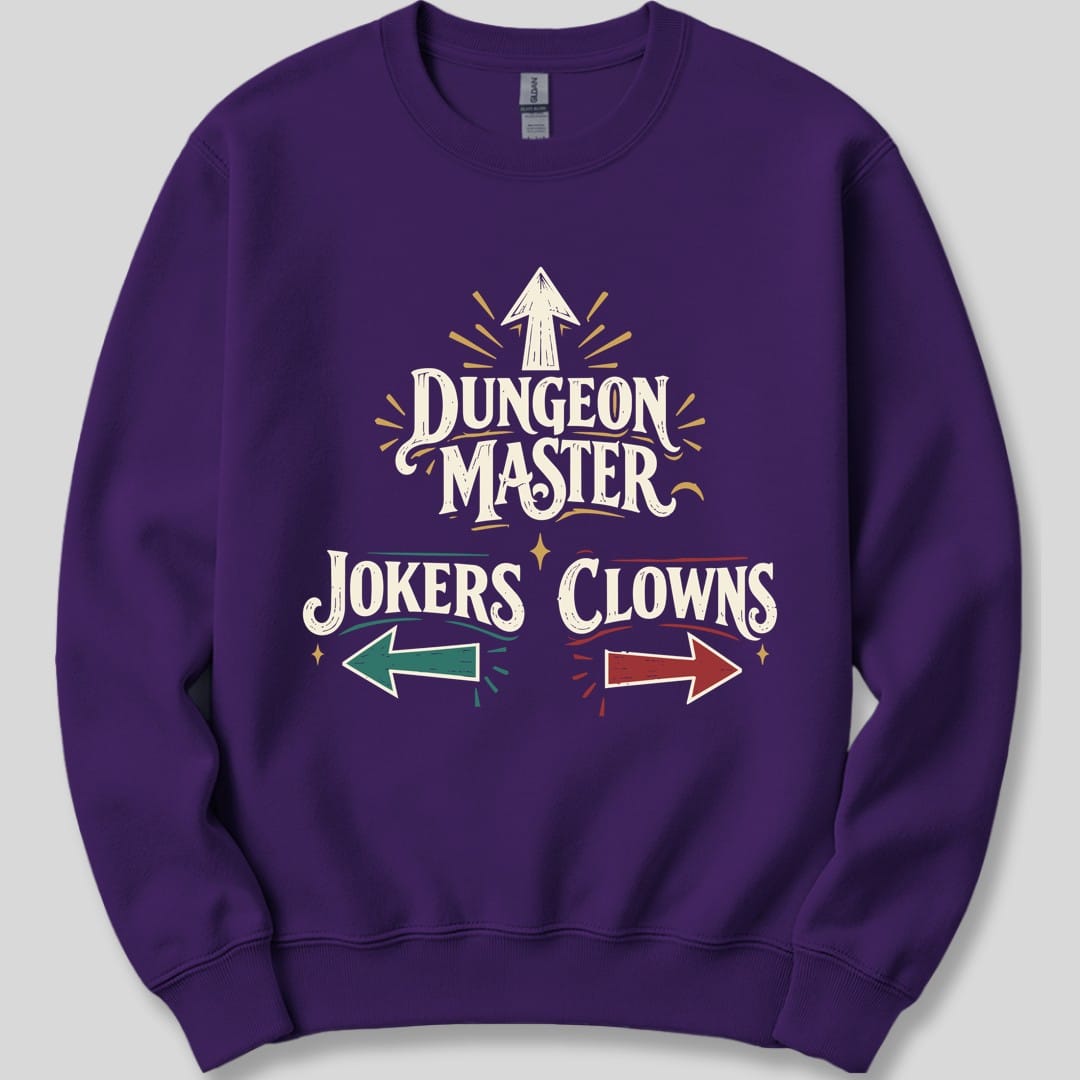 The same Dungeon Master Clowns and Jokers design, on a purple sweatshirt.