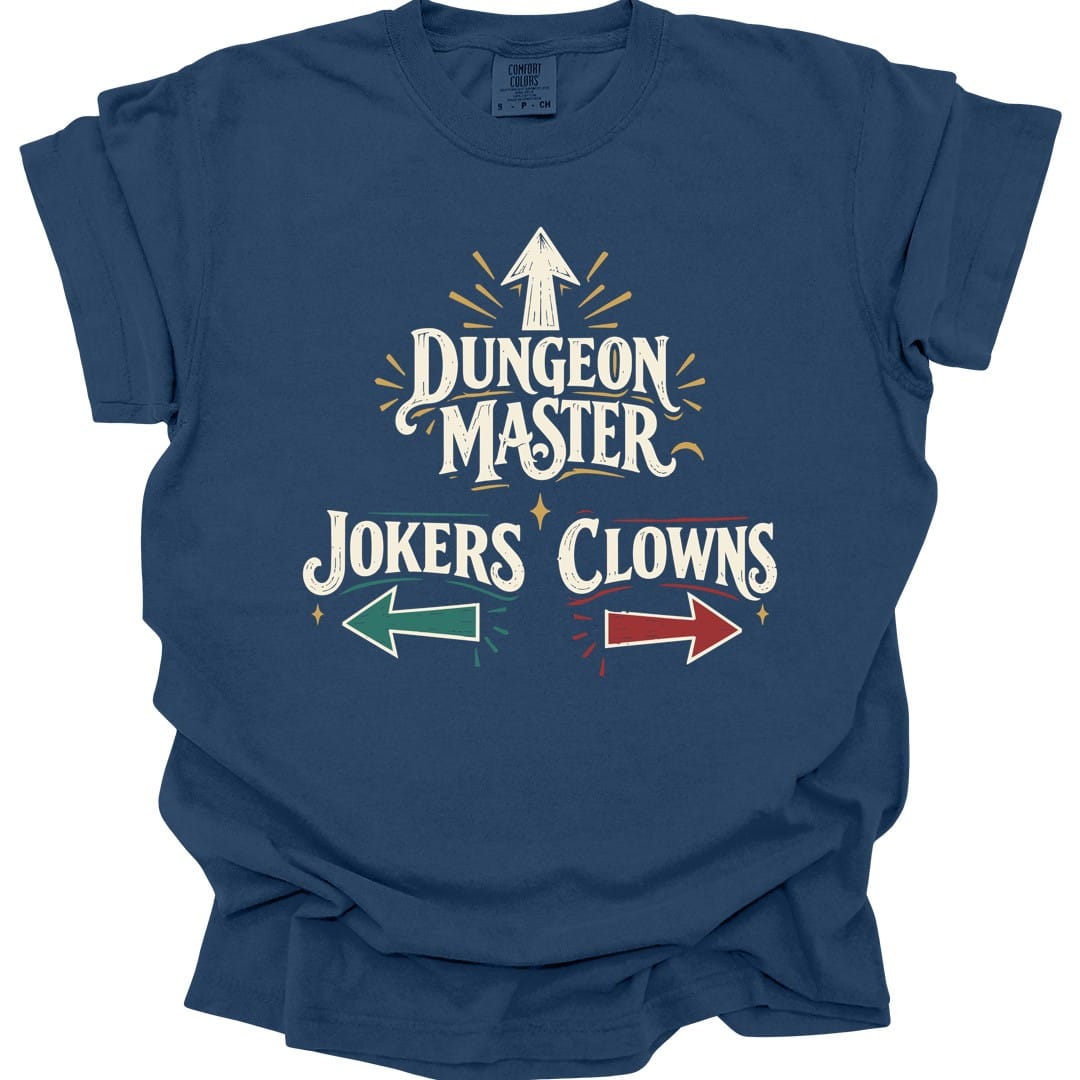 The same Dungeon Master Clowns and Jokers design, on a true navy t-shirt.