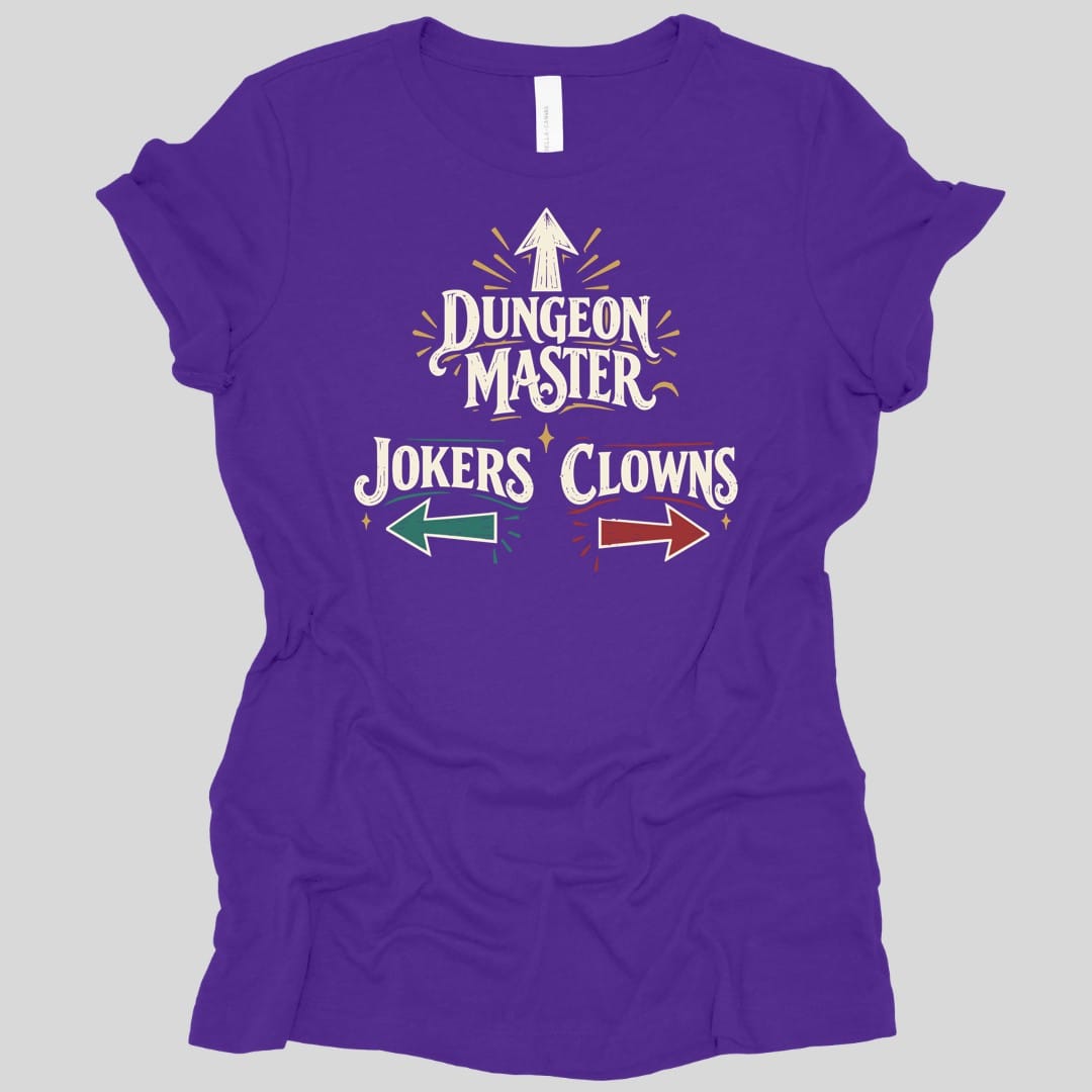 The same Dungeon Master Clowns and Jokers design, on a team purple women's t-shirt.