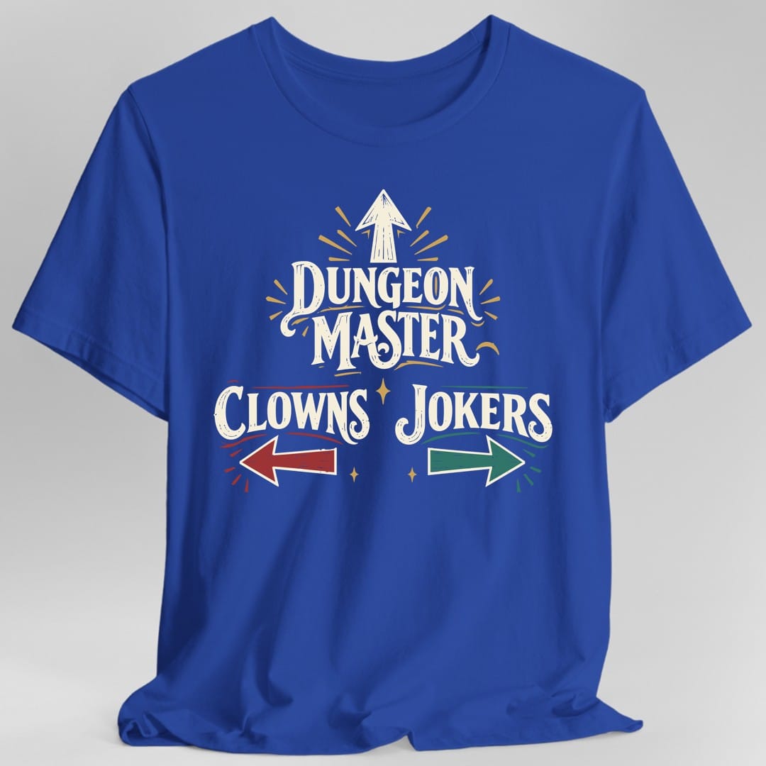 The same Dungeon Master Clowns and Jokers design, on a royal t-shirt.
