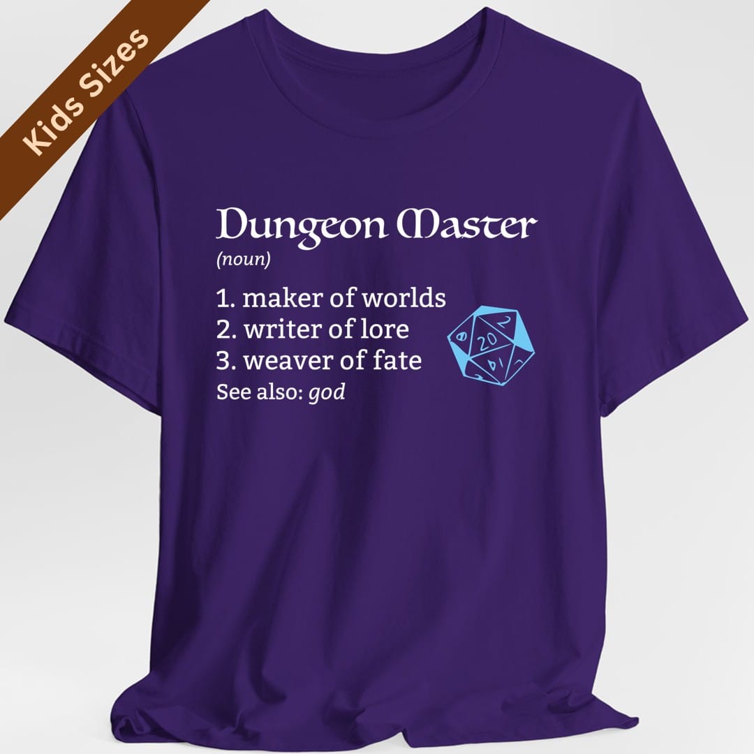 The same Dungeon Master definition design, on a purple kids t-shirt.