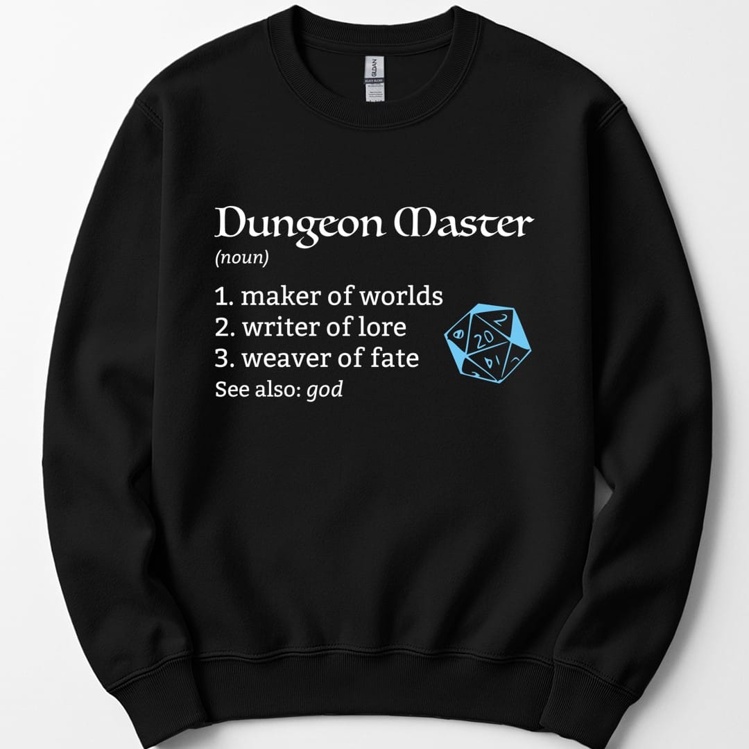 The same Dungeon Master definition design, on a black sweatshirt.