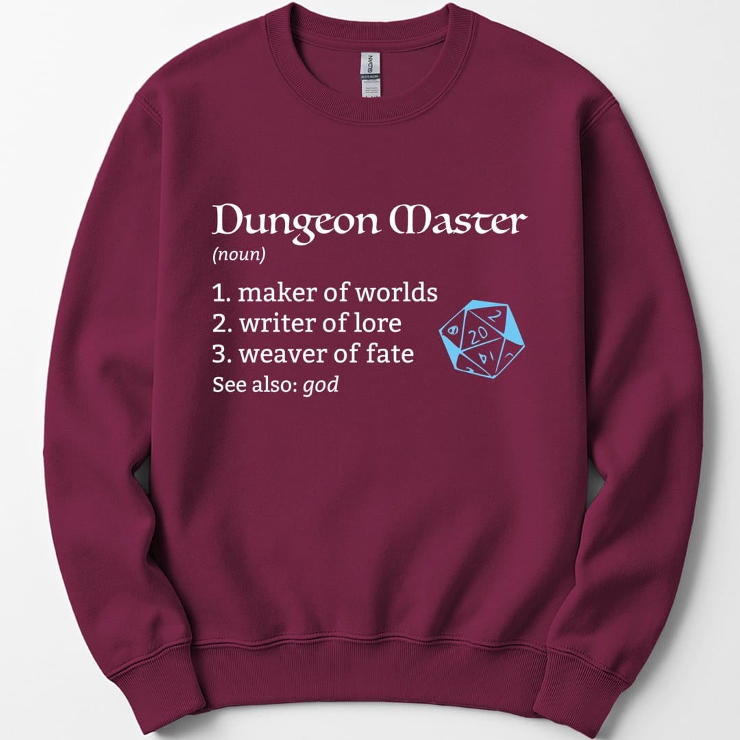 The same Dungeon Master definition design, on a maroon sweatshirt.
