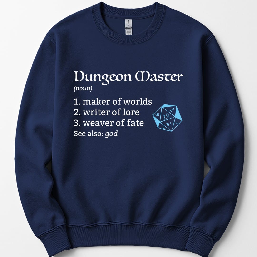 The same Dungeon Master definition design, on a navy sweatshirt.