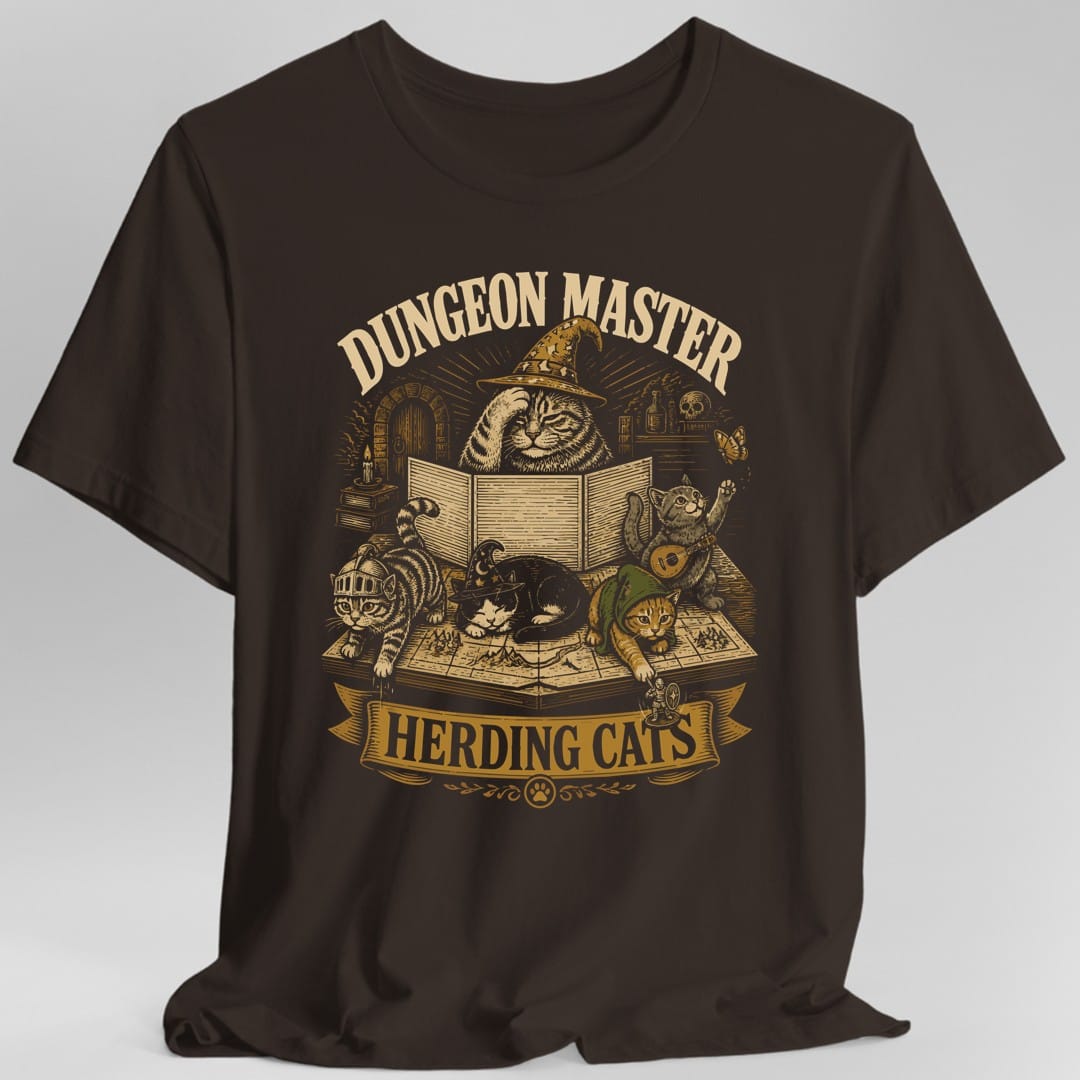 The same Dungeon Master Herding Cats design, on a dark chocolate t-shirt.
